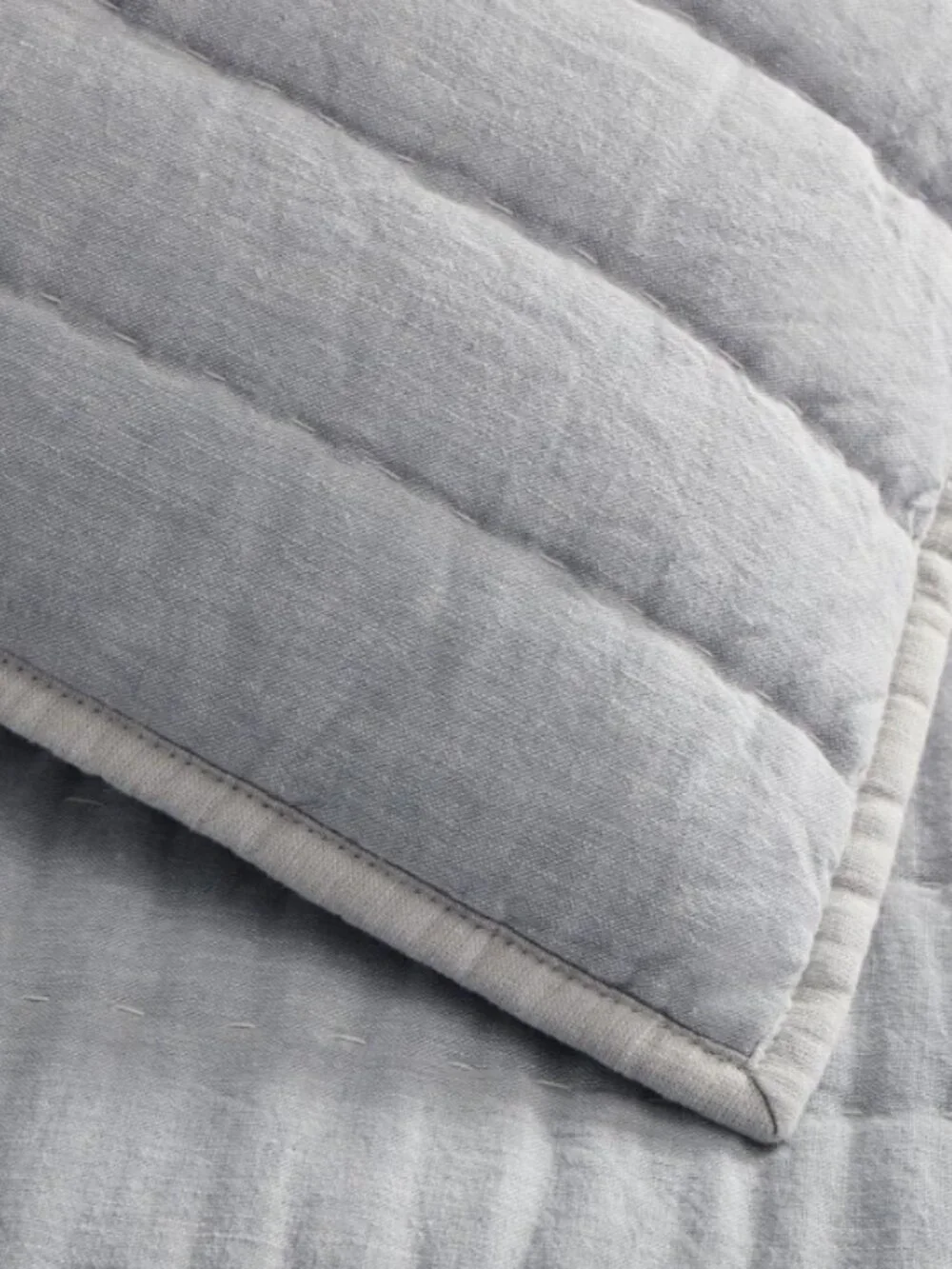 West Elm European Linen Cotton Pick Stitch Queen Quilt & King Shams Arctic Blue